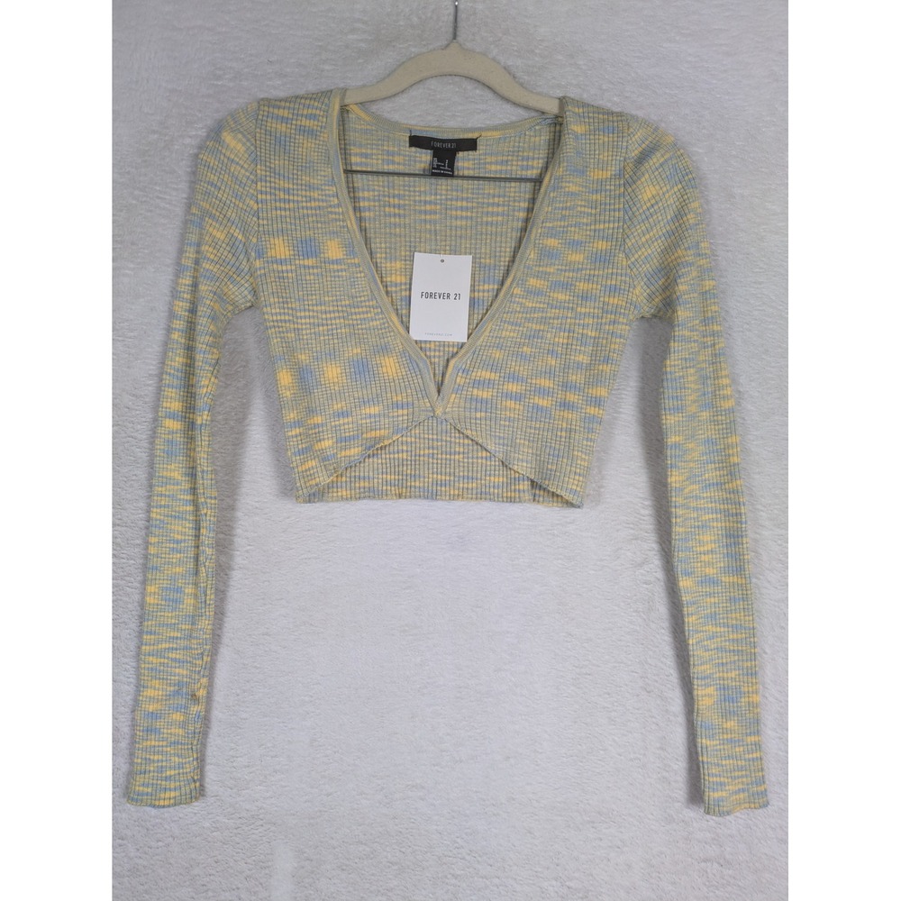 NEW Forever 21 Top Women's S Yellow Blue Ribbed Space Dye Deep V-Neck Cropped
